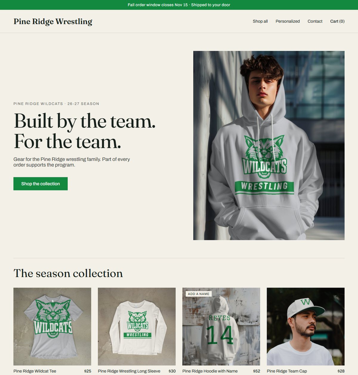 Example store for the Pine Ridge Wildcats in a classic cream and green style with serif type, showing a wildcat tee, a long sleeve, a hoodie with a name and a cap