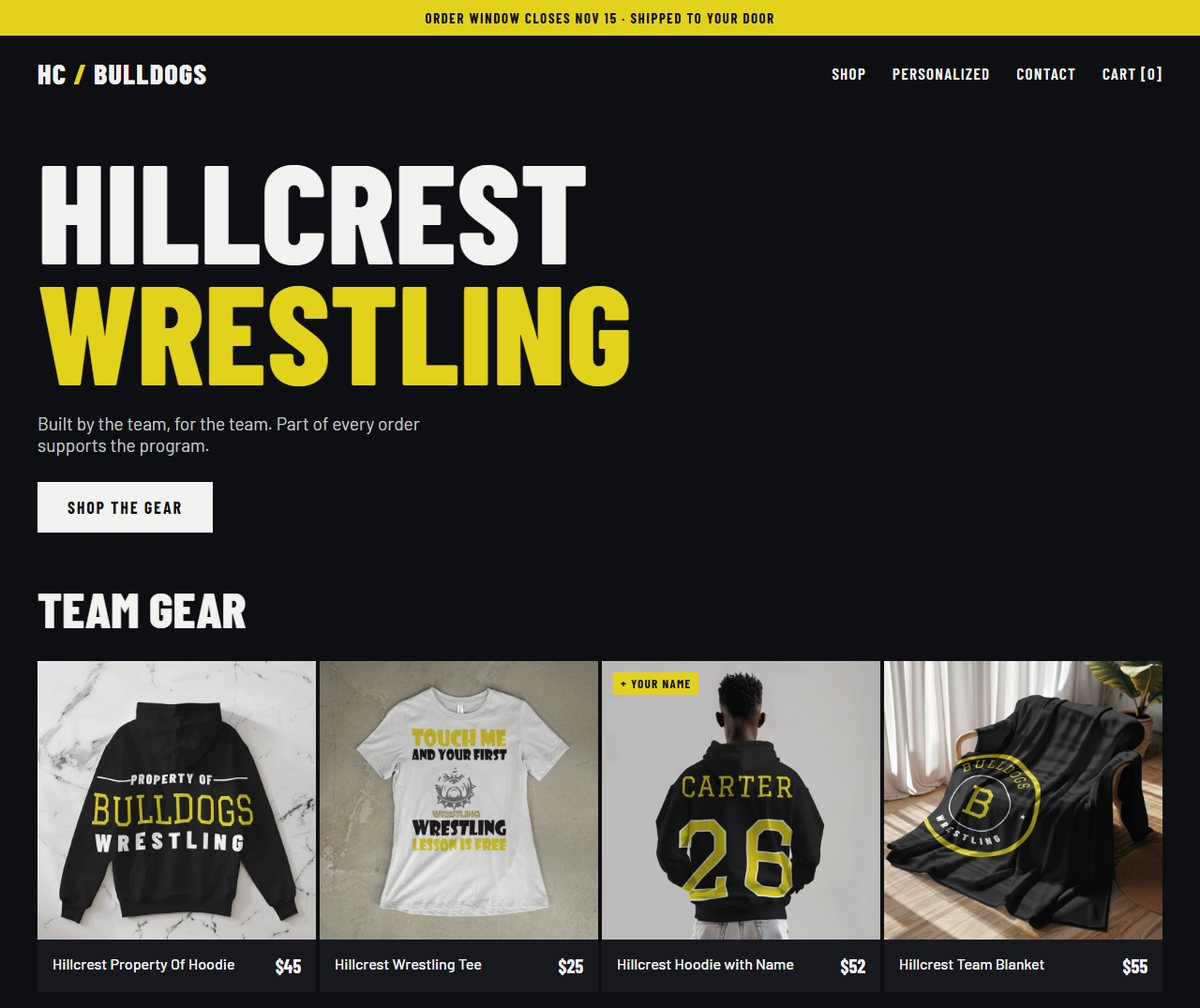 Example team store for the Hillcrest Bulldogs: dark storefront with gold accents and a grid of a hoodie, a tee, a hoodie with a name and number, and a blanket